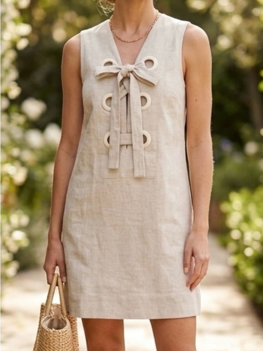 English Factory Sleeveless V-Neck Linen-Blend Dress in Beige